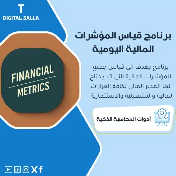 نموذج لبرنامج قياس المؤشرات المالية اليومية، يظهر تصميمًا لبرنامج حاسوبي مع كتابة 'Financial Metrics'، يساعد في تبسيط عملية قياس المؤشرات المالية لاتخاذ القرارات اليومية