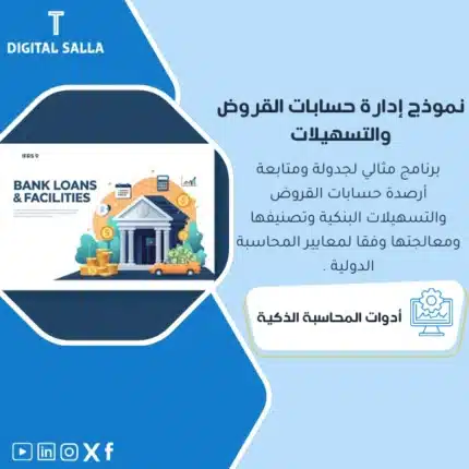 نموذج إدارة حسابات القروض، يظهر رسومًا توضيحية لبرنامج إدارة القروض، وأيقونات وعناصر بصرية تتعلق بالحسابات والمالية، يساعد في تبسيط عملية إدارة حسابات القروض