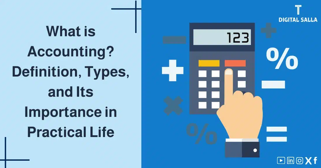 "Article image about the science of Accounting Science, featuring a title that clarifies the article's topic, and a hand icon pointing to the percentage button on a calculator, symbolizing the importance of calculations in this field."