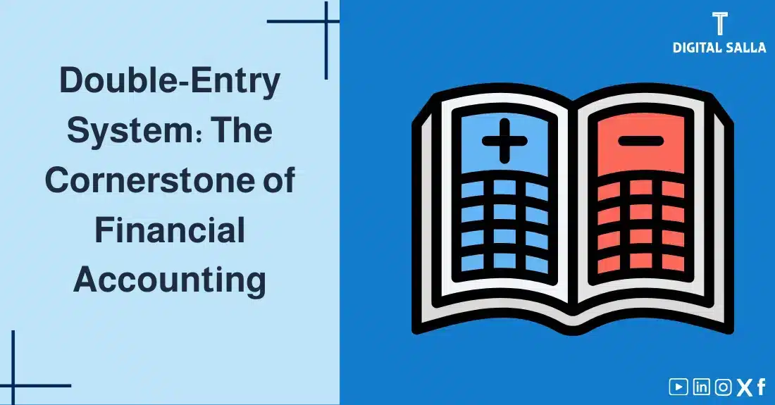 "Illustrative image for an article on the Double-Entry System system. It shows the article's title, along with an illustration symbolizing the content, depicting an open ledger with plus and minus signs on its pages."