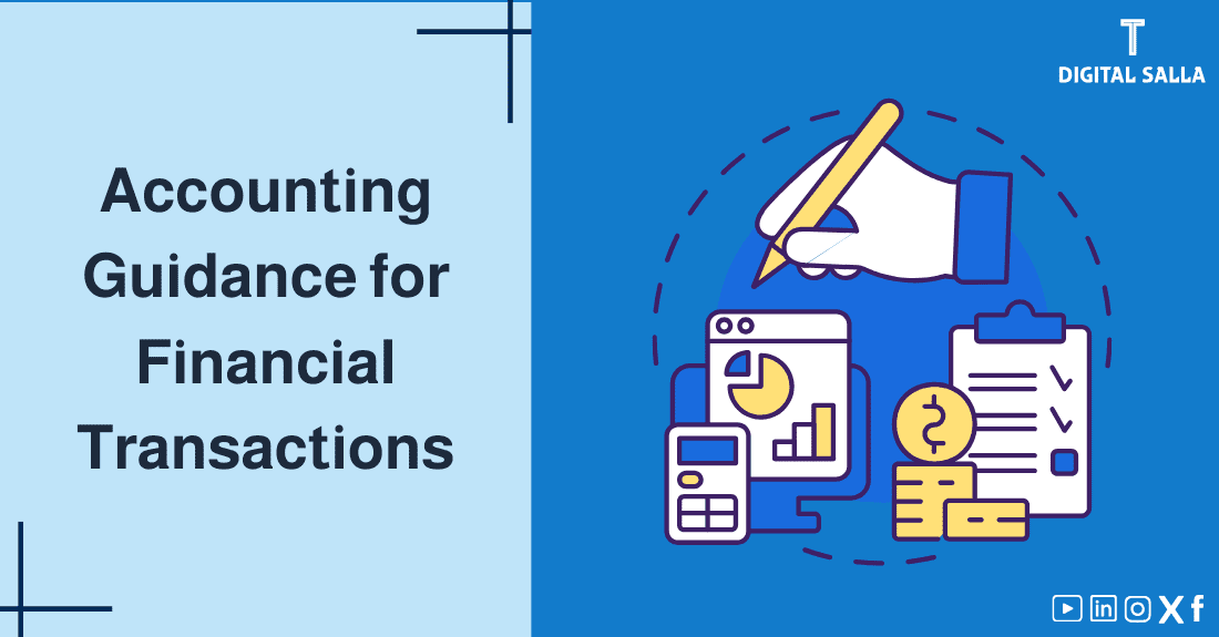 "Illustrative image for an article on Accounting Guidance for financial transactions. It displays the article's title, along with an illustration symbolizing the content, depicting a hand holding a pen with a set of accounting tools such as a computer screen and a task list."