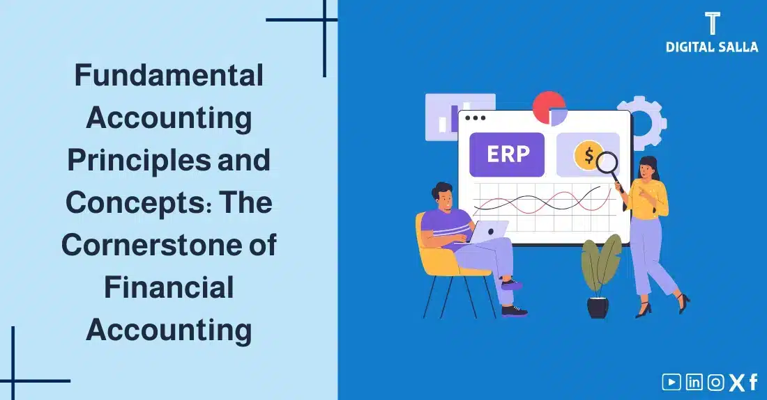 "Illustrative image for an article on basicAccounting Principles and Concepts. It displays the article's title, along with an illustration symbolizing the content, depicting two people looking at data on a screen and charts."