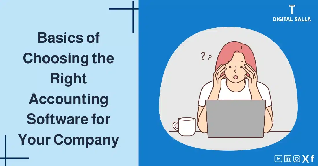 "Illustrative image for an article on the basics of choosing the right Accounting Software Selection for your business. Features the article title, alongside a graphic symbolizing the article's content, depicting a person thinking in front of a computer."