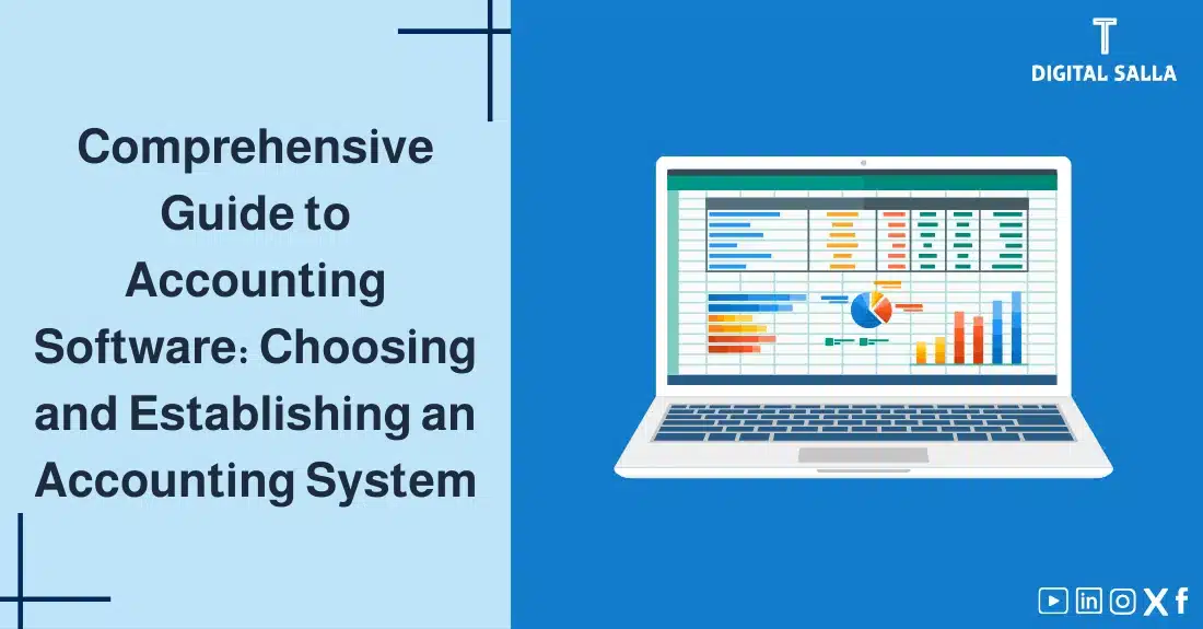 "Illustrative image for an article on the comprehensive guide to Accounting Software: selecting and establishing an accounting system. Features the article title, alongside a graphic symbolizing the article's content, depicting a laptop displaying accounting software."