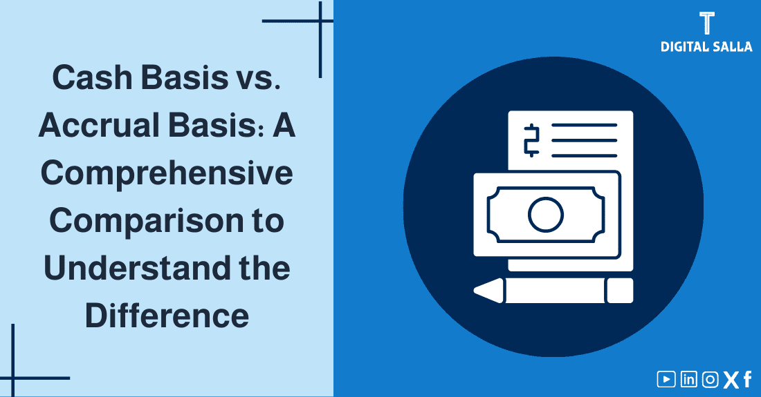 "Illustrative image for an article explaining the difference between the cash basis and accrual basis in accounting. It displays the article's title, along with an illustration symbolizing the content, depicting a calculation sheet with a pen and a banknote."