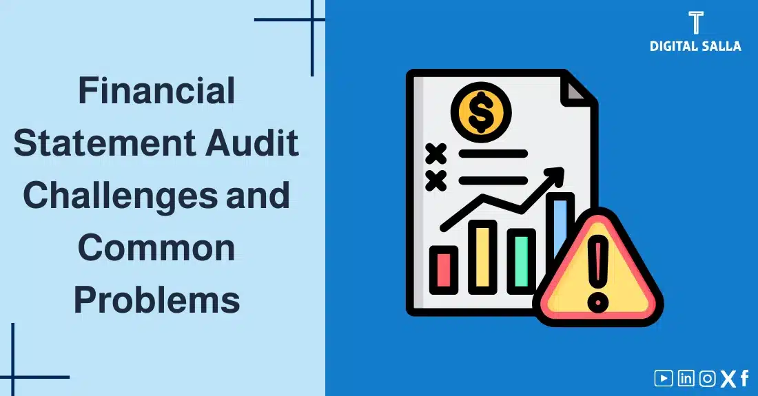 "Illustrative image for an article on Challenges of Financial Statement Auditing. Features the article title, alongside a graphic symbolizing the article's content, depicting a data sheet with a graph and a warning sign."