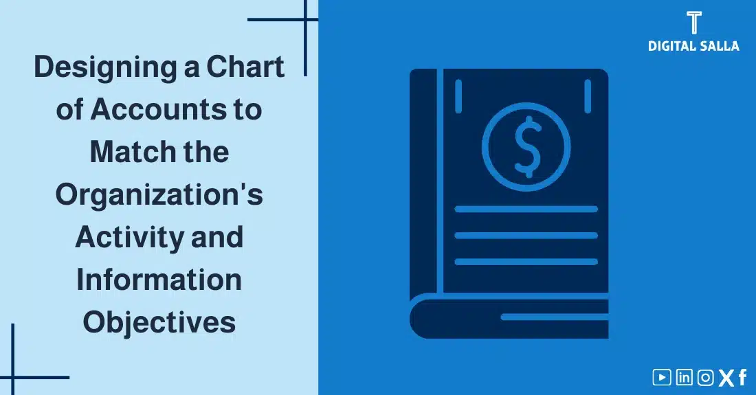 "Illustrative image for an article on designing aChart of Accounts Design that aligns with the institution's activity and information objectives. Features the article title, alongside a graphic symbolizing the article's content, depicting an account book."