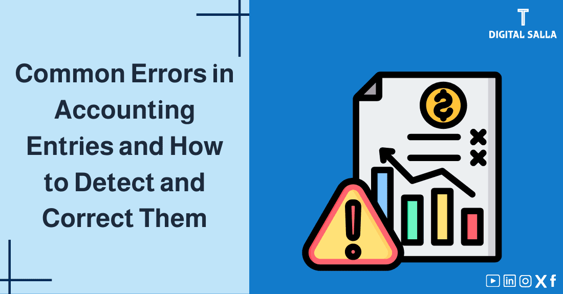 "Illustrative image for an article on Common Errors in Accounting Entries journal entries and how to identify and correct them. It displays the article's title, along with an illustration symbolizing the content, depicting an accounting data sheet with a warning sign."