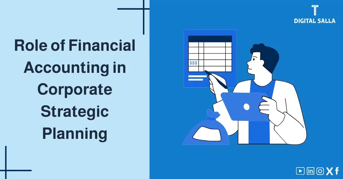 "Illustrative image for an article on the role of financial accounting in corporate strategic planning. Features the article title, alongside a graphic symbolizing the article's content, depicting an accountant holding a financial statement and a tablet."