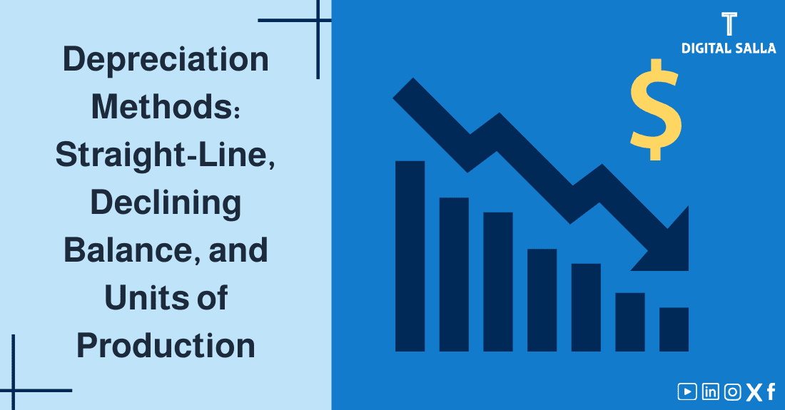 "Illustrative image for an article onDepreciation Methods: straight-line, declining balance, units of production. It features a downward trending graph with a dollar symbol."