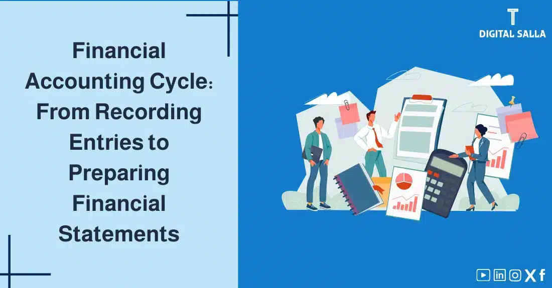 "Illustrative image for an article on the Financial Accounting Cycle from recording to preparing financial statements. It displays the article's title, along with an illustration symbolizing the content, depicting a group of accountants working on preparing financial data."