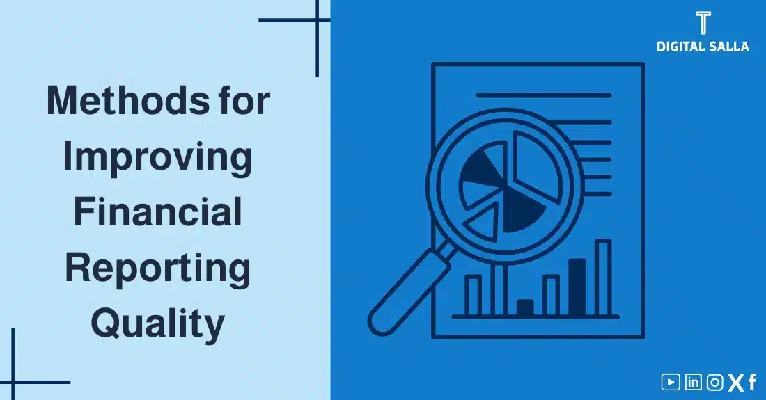 "Illustrative image for an article on methods to improve financial reporting quality. Features the article title, alongside a graphic symbolizing the article's content, depicting a magnifying glass revealing a chart and graphs on a paper."