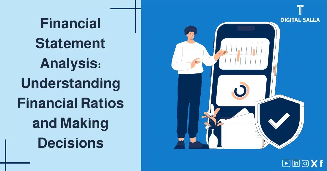 "Illustrative image for an article onFinancial Statement Analysis: understanding financial indicators and making management decisions. Features the article title, alongside a graphic symbolizing the article's content, depicting a person pointing to data on a smartphone."