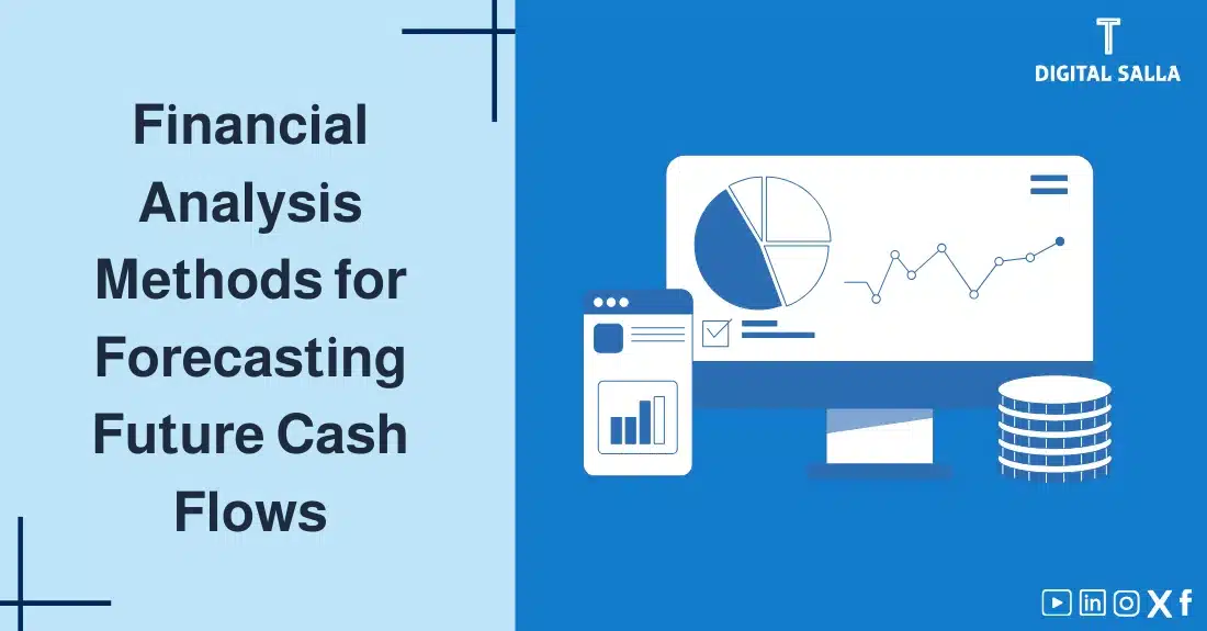 "Illustrative image for an article on financial analysis techniques for Forecasting Future Cash Flows. Features the article title, alongside a graphic symbolizing the article's content, depicting a computer screen with charts and financial data."