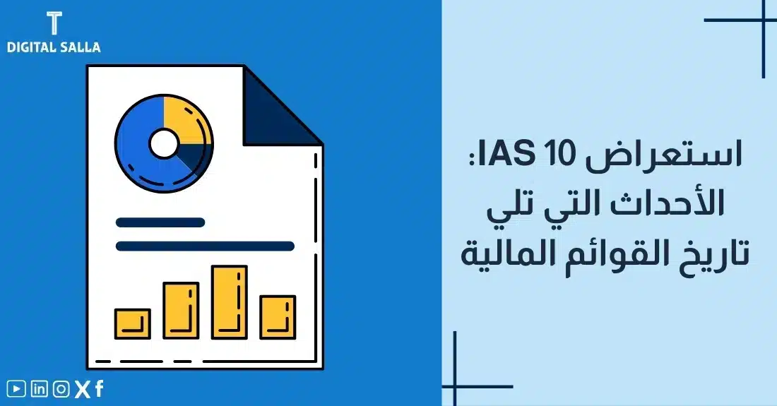 "صورة توضيحية لمقال عن معيار IAS 10: استعراض الأحداث التي تلي تاريخ القوائم المالية. يظهر فيها عنوان المقال، بالإضافة إلى رسم يرمز لمحتوى المقال، وهو عبارة عن ورقة مع مخطط بياني ورسوم بيانية."