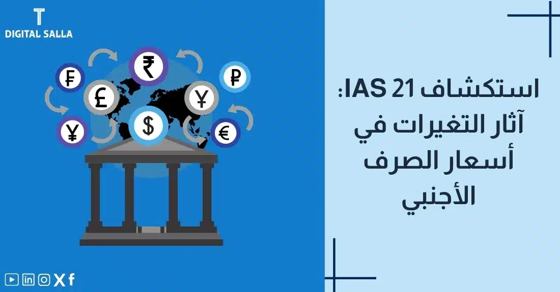 "صورة توضيحية لمقال عن معيار IAS 21: استكشاف آثار التغيرات في أسعار الصرف الأجنبي. يظهر فيها عنوان المقال، بالإضافة إلى رسم يرمز لمحتوى المقال، وهو عبارة عن بنك مع رموز العملات الأجنبية."
