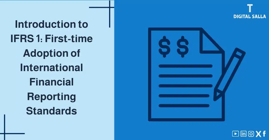 "Illustrative image for an article on IFRS 1 Standard: First-time Adoption of International Financial Reporting Standards. It displays the article's title, along with an illustration symbolizing the content, depicting a paper with $$ and a pen."