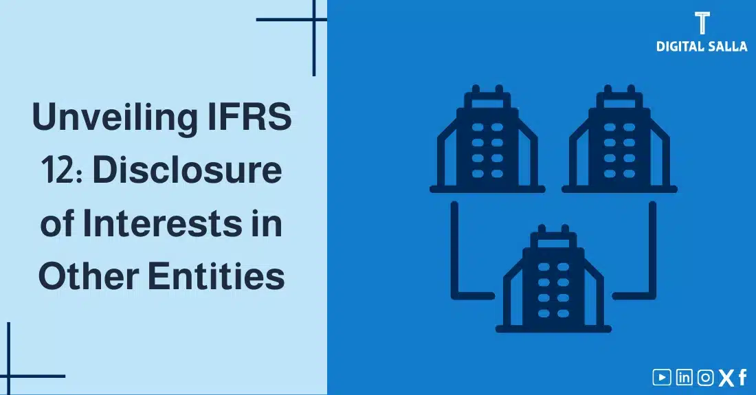 "Illustrative image for an article on IFRS 12 Standard: Disclosure of Interests in Other Entities. It displays the article's title, along with an illustration symbolizing the content, depicting a group of interconnected buildings."