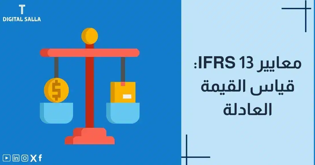 "صورة توضيحية لمقال عن معيار IFRS 13: قياس القيمة العادلة. يظهر فيها عنوان المقال، بالإضافة إلى رسم يرمز لمحتوى المقال، وهو عبارة عن ميزان بيديه رمز الدولار وصندوق."