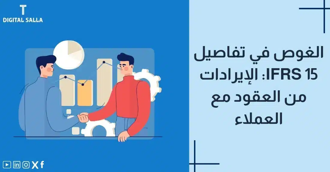"صورة توضيحية لمقال عن معيار IFRS 15: الإيرادات من العقود مع العملاء. يظهر فيها عنوان المقال، بالإضافة إلى رسم يرمز لمحتوى المقال."