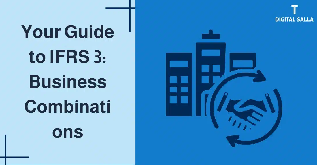"Illustrative image for an article onIFRS 3 Standard: Business Combinations. It displays the article's title, along with an illustration symbolizing the content, depicting a handshake with buildings in the background."