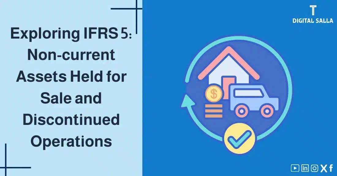 "Illustrative image for an article on IFRS 5 Standard: Non-current Assets Held for Sale and Discontinued Operations. It displays the article's title, along with an illustration symbolizing the content, depicting a house, a truck, and a checkmark."