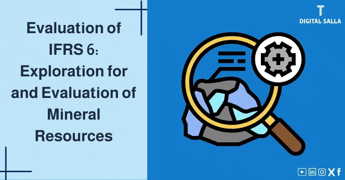 "Illustrative image for an article on I IFRS 6 Standard: Exploration for and Evaluation of Mineral Resources. It displays the article's title, along with an illustration symbolizing the content, depicting a magnifying glass over rocks."