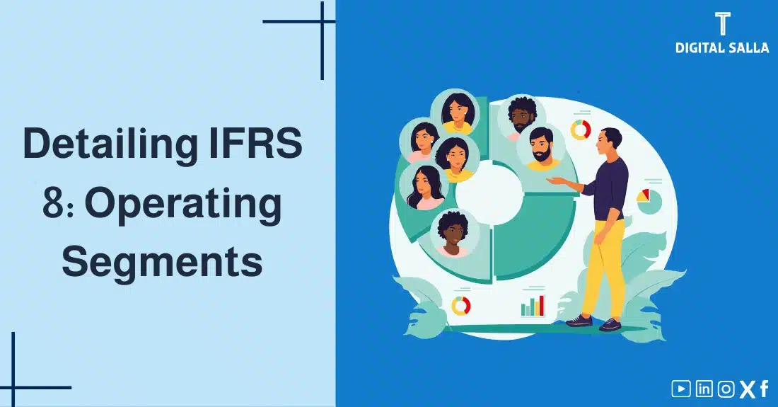 "Illustrative image for an article onIFRS 8 Standard: Operating Segments. It displays the article's title, along with an illustration symbolizing the content, depicting a person explaining a sector chart to a group of people."