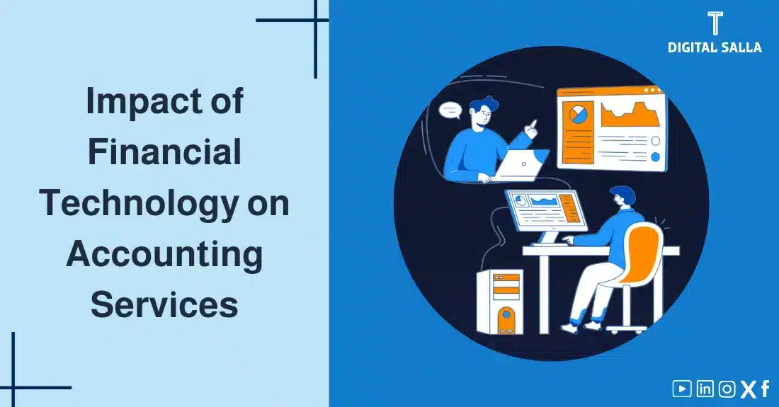 Article image on the Impact of Financial Technology , featuring the article's title along with a graphic symbol showing people working on computers, with charts and data analysis screens.