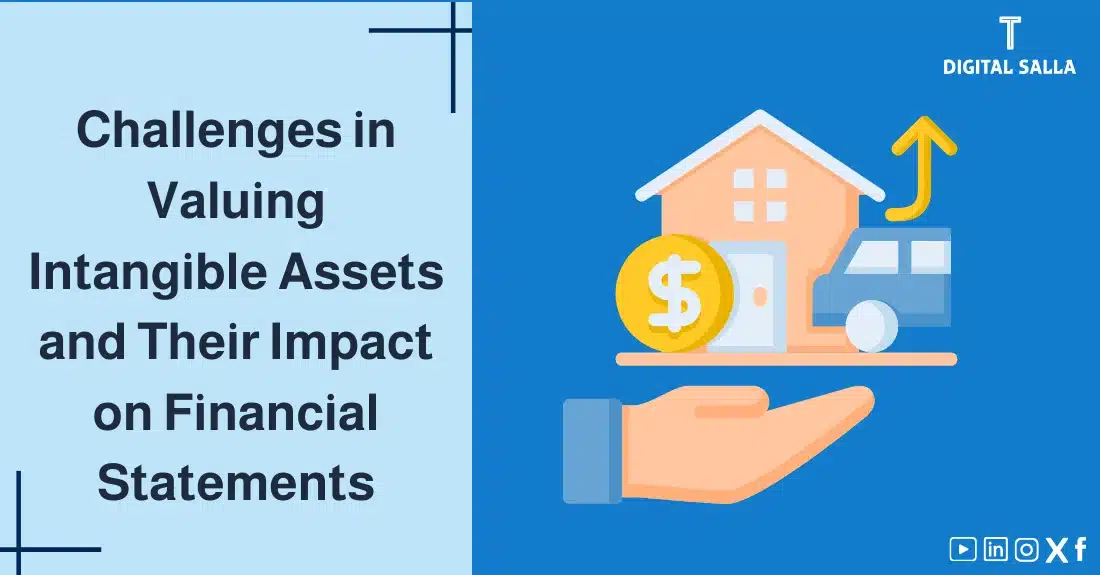 "Illustrative image for an article on the challenges of valuing iIntangible Asset Valuation and their impact on financial statements. Features the article title, alongside a graphic symbolizing the article's content, depicting a hand holding a house and a car."
