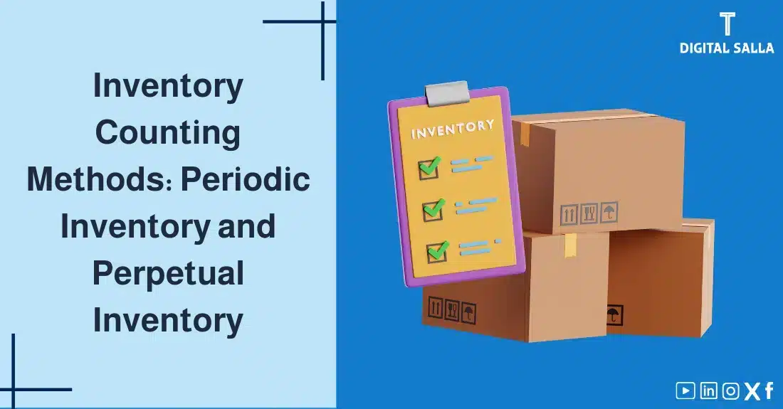 "Illustrative image for an article on Inventory Counting Methods: periodic and perpetual inventory. It displays the article's title, along with an illustration symbolizing the content, depicting inventory boxes with an inventory list."