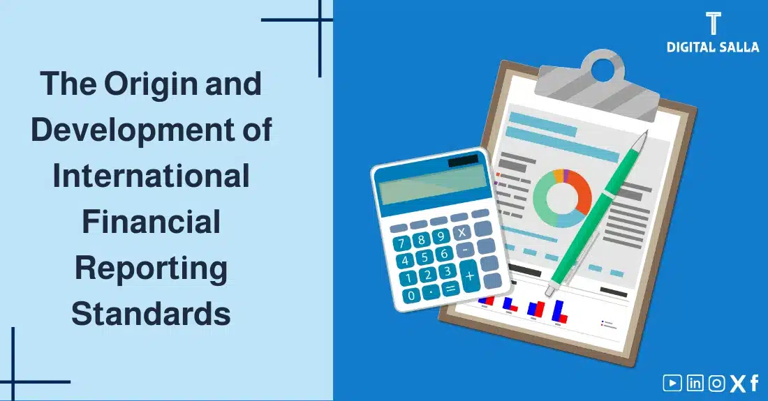 "Illustrative image for an article on the Origin of International Financial Reporting Standards (IFRS). It displays the article's title, along with an illustration symbolizing the content, depicting an accounting data dashboard with a pen and calculator."