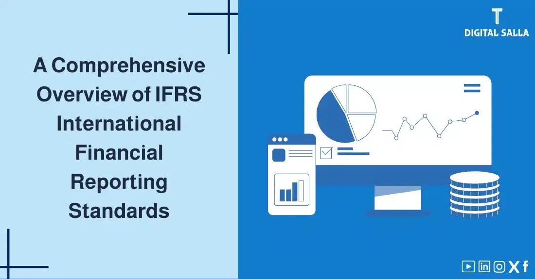 "Illustrative image for an article providing an Overview of IFRS International Financial Reporting Standards. It displays the article's title, along with an illustration symbolizing the content, depicting a computer screen with financial charts and data."