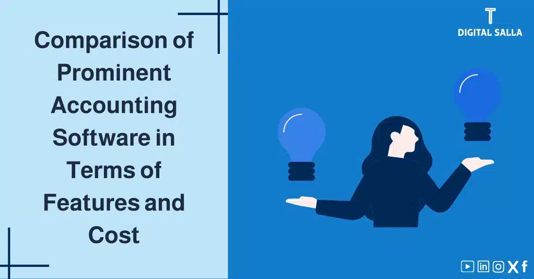 "Illustrative image for an article on comparing the topProminent Accounting Softwarein terms of features and cost. Features the article title, alongside a graphic symbolizing the article's content, depicting a woman surrounded by idea icons."