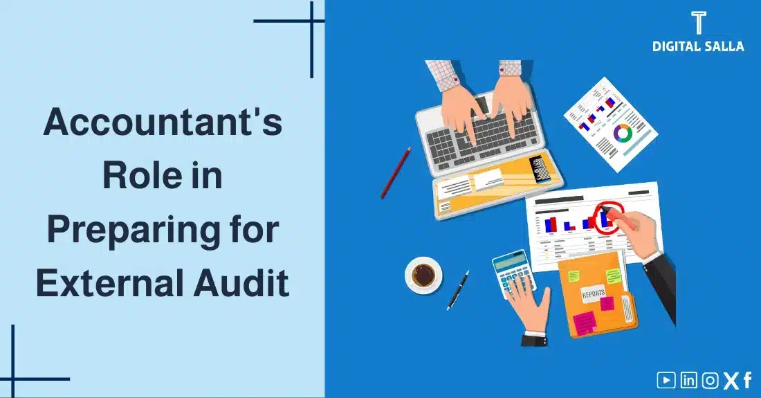 "Illustrative image for an article on the Role of the Accountant in Audit. Features the article title, alongside a graphic symbolizing the article's content, depicting two hands working on a computer with papers and files."