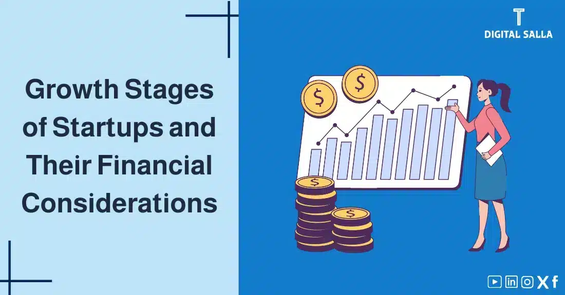 "Illustrative image for an article on the Startup Growth Stages and financial considerations for each stage. Features the article title, alongside a graphic symbolizing the article's content, depicting a woman pointing to an upward graph with currency."