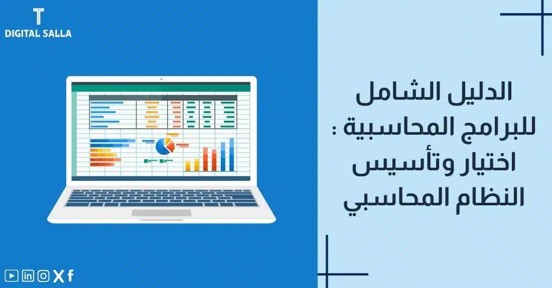 "صورة توضيحية لمقال عن الدليل الشامل للبرامج المحاسبية: اختيار وتأسيس النظام المحاسبي. يظهر فيها عنوان المقال، بالإضافة إلى رسم يرمز لمحتوى المقال، وهو عبارة عن حاسوب محمول يعرض برنامج محاسبة."