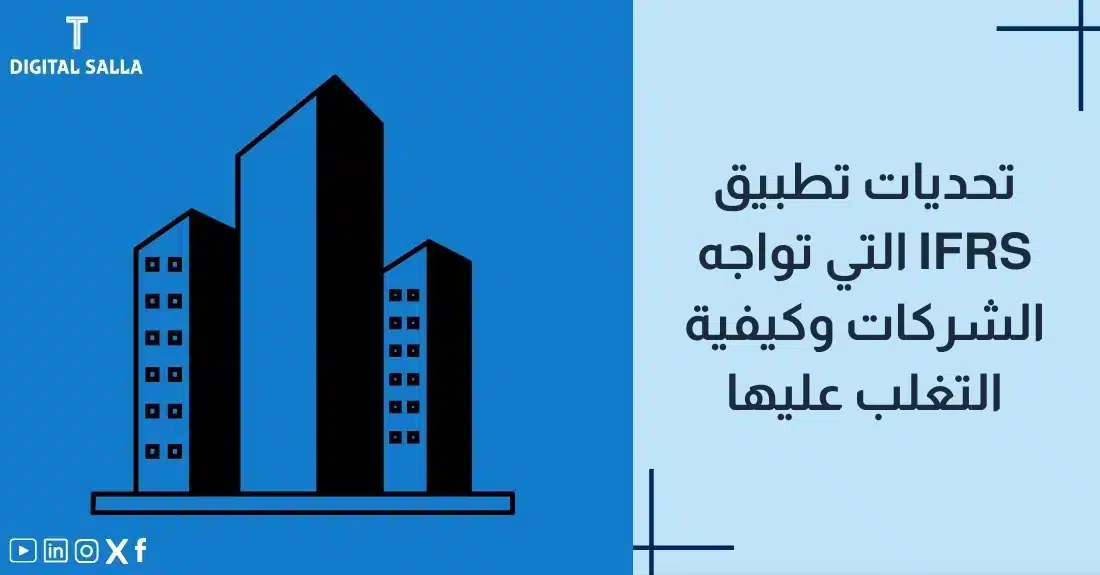 "صورة توضيحية لمقال عن تحديات تطبيق IFRS التي تواجه الشركات وكيفية التغلب عليها. يظهر فيها عنوان المقال، بالإضافة إلى رسم يرمز لمحتوى المقال، وهو عبارة عن مباني ترمز إلى الشركات."