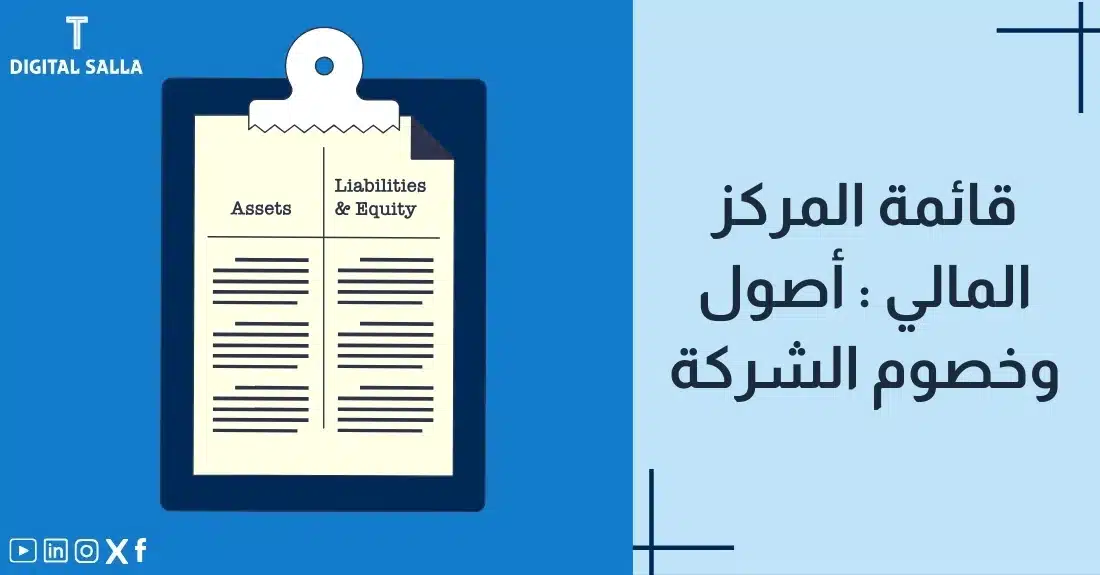 "صورة توضيحية لمقال عن قائمة المركز المالي: أصول وخصوم الشركة. يظهر فيها عنوان المقال، بالإضافة إلى رسم يرمز لمحتوى المقال، وهو عبارة عن قائمة مقسمة إلى أصول وخصوم وحقوق الملكية."