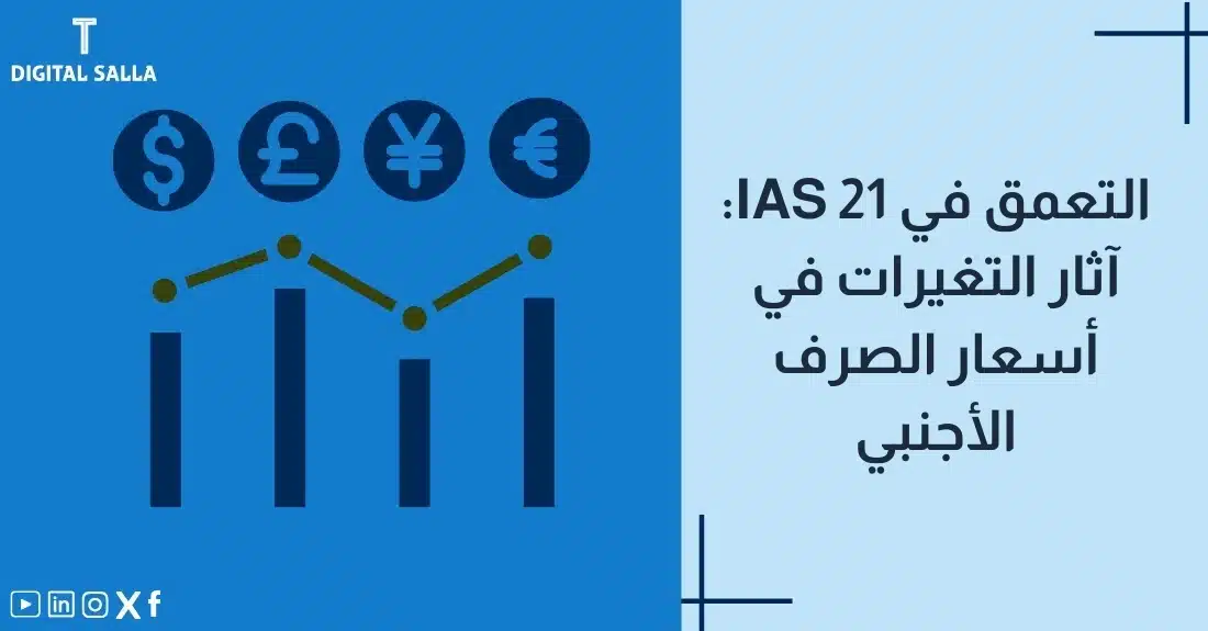 "صورة توضيحية لمقال عن معيار IAS 21: التعمق في آثار التغيرات في أسعار الصرف الأجنبي. يظهر فيها عنوان المقال، بالإضافة إلى رسم يرمز لمحتوى المقال، وهو عبارة عن رموز للعملات مع رسم بياني."