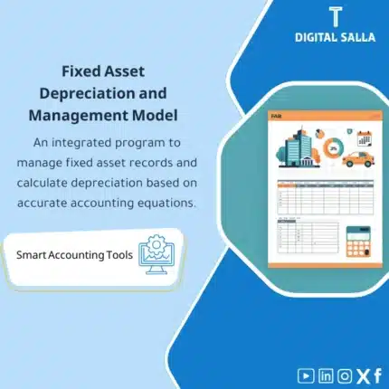 Fixed Asset Depreciation Calculation Template, showing a document with a table illustrating asset data and graphs, and the "FAB" logo, helps simplify the fixed asset depreciation calculation process. (Image: Fixed assets financial document)