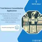 Trial Balance Consolidation Template, showing a program interface for consolidating trial balances, including tables, financial statements, and icons for merging balances, helps simplify the trial balance consolidation process. (Image: Trial balance consolidation program)