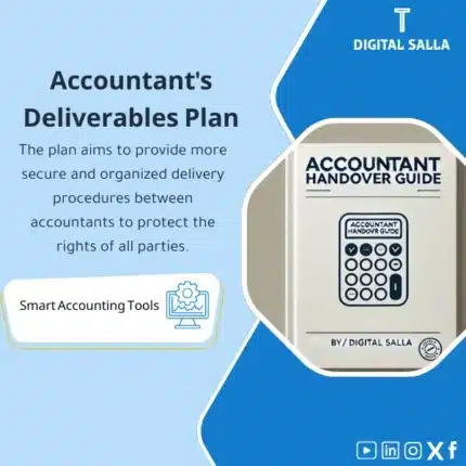 Accountant Handover Plan Template, showing a cover for a booklet "ACCOUNTANT HANDOVER GUIDE", includes a calculator icon, helps simplify the handover process between accountants. (Image: Booklet cover with accountant handover title and calculator.)