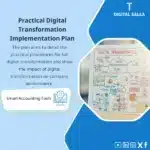 Practical Digital Transformation Plan Template, showing an illustration of a digital transformation plan, including charts and multiple icons indicating digital elements, helps simplify the digital transformation process for companies. (Image: Digital transformation plan diagram with digital icons.)