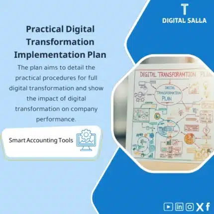 Practical Digital Transformation Plan Template, showing an illustration of a digital transformation plan, including charts and multiple icons indicating digital elements, helps simplify the digital transformation process for companies. (Image: Digital transformation plan diagram with digital icons.)