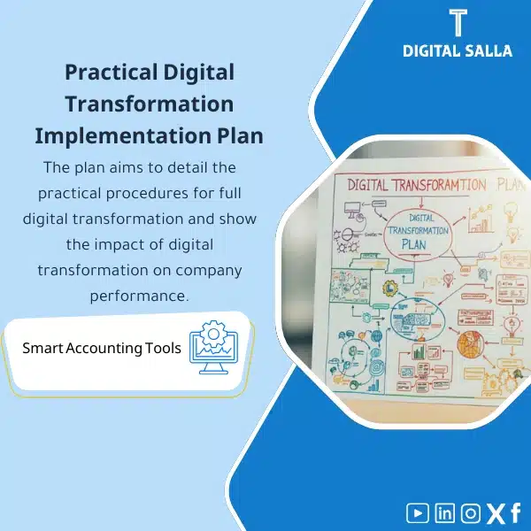 Practical Digital Transformation Implementation Plan Practical Digital Transformation Plan Template, showing an illustration of a digital transformation plan, including charts and multiple icons indicating digital elements, helps simplify the digital transformation process for companies. (Image: Digital transformation plan diagram with digital icons.)