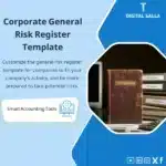Corporate General Risk Register Template, showing an open booklet titled "Risk Register", next to accounting files, helps simplify the general risk management process for companies. (Image: Open risk register document with accounting files.)