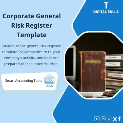 Corporate General Risk Register Template, showing an open booklet titled "Risk Register", next to accounting files, helps simplify the general risk management process for companies. (Image: Open risk register document with accounting files.)