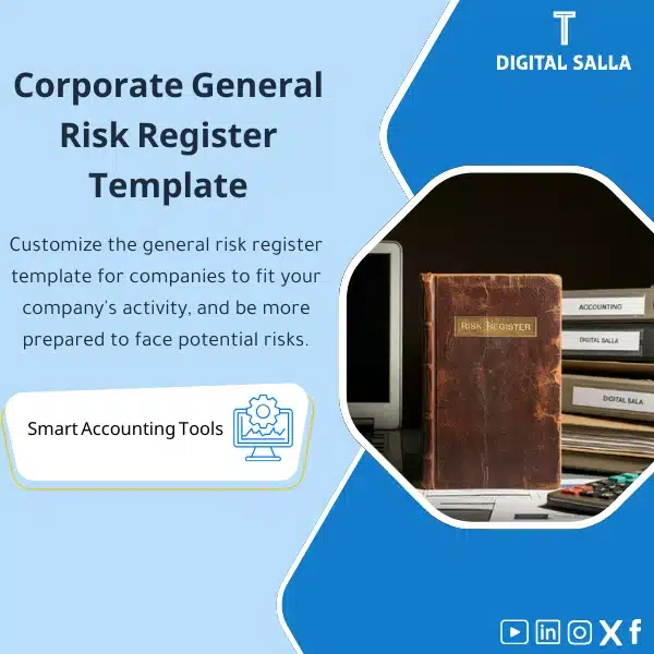 Corporate General Risk Register Template Corporate General Risk Register Template, showing an open booklet titled "Risk Register", next to accounting files, helps simplify the general risk management process for companies. (Image: Open risk register document with accounting files.)