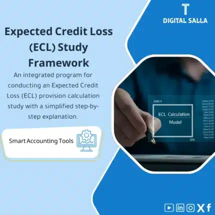 Expected Credit Loss (ECL) Study Template, showing a computer program interface with symbols and numbers for financial statistics, and an ECL icon, helps simplify the process of conducting an expected credit loss study. (Image: ECL financial study software with statistics.)